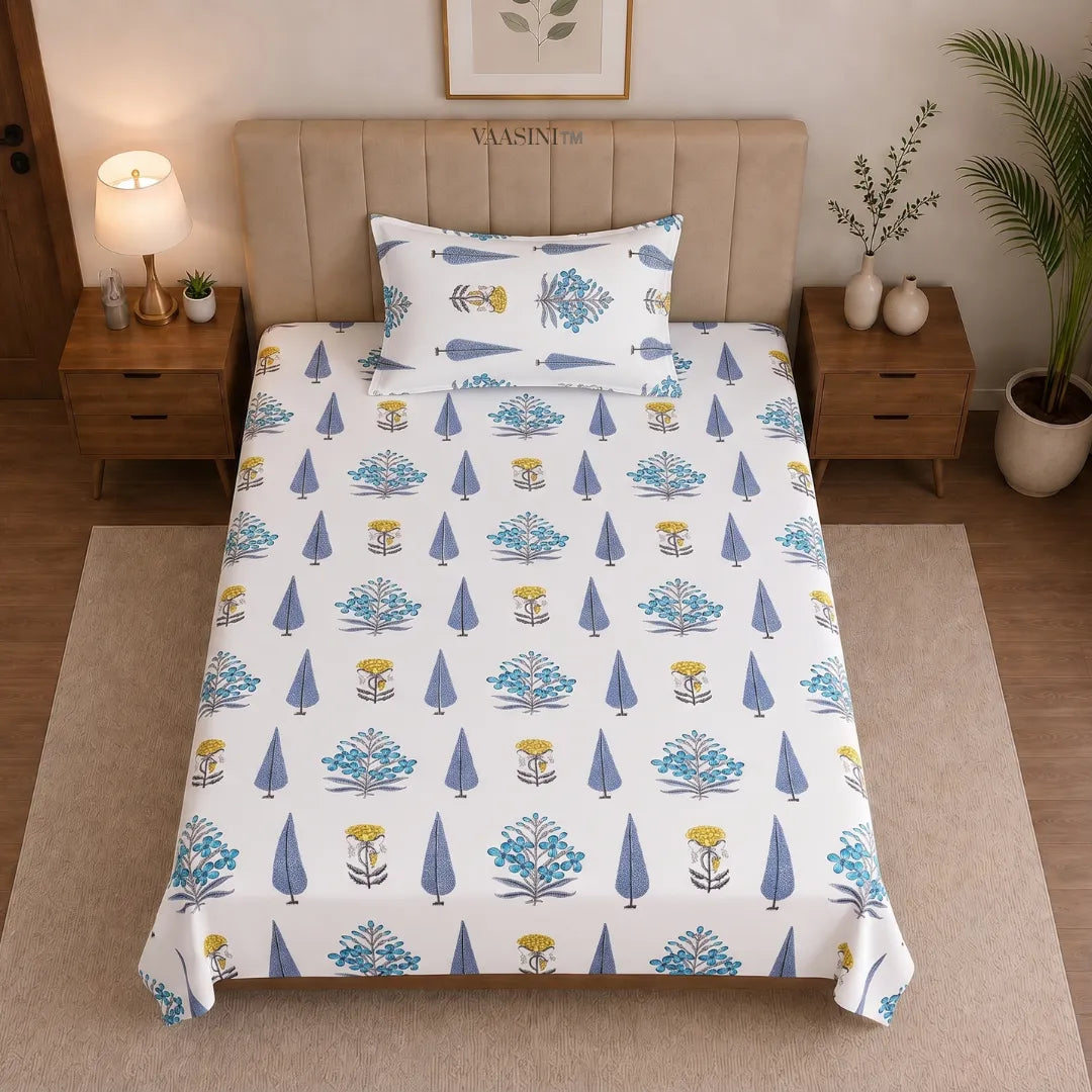 Classic Indigo Floral Cluster and Cobalt Cypress Tree Single Bedsheet