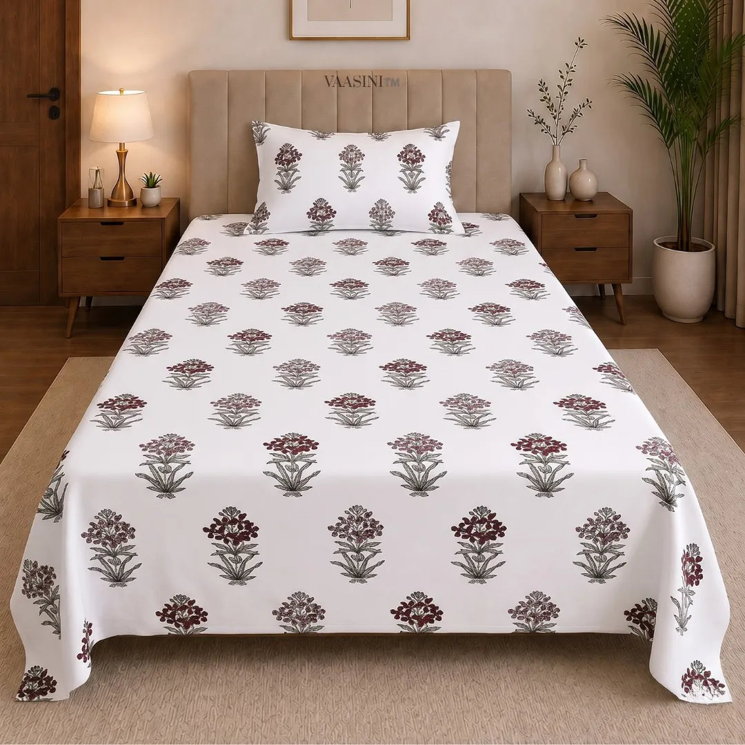 Deep Wine and Charcoal Mughal Floral Boota Hand Block Print Single Bedsheet