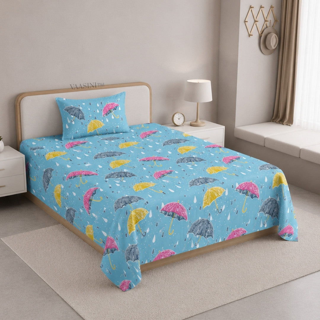 Monsoon Magic Umbrella Sky Blue Bedsheet