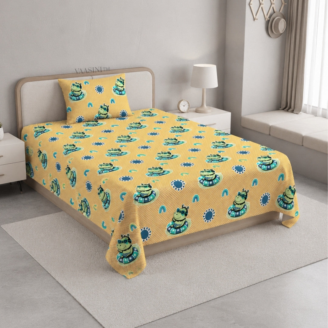 Summer Hippo Mustard Yellow Kids Bedsheet