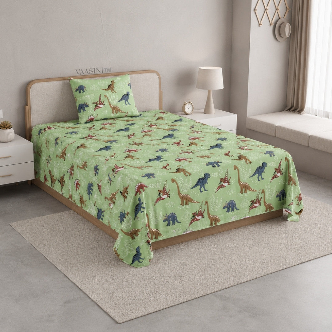 Dino Roar Sage Green Kids Bedsheet