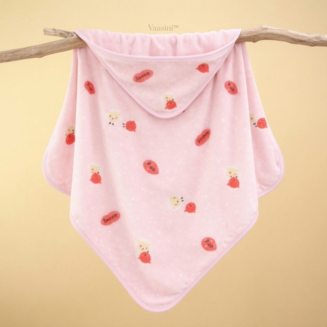 Vaasini Happy Bear Print Hooded Baby Bath Towel Soft Plush Quick Dry Baby Pink