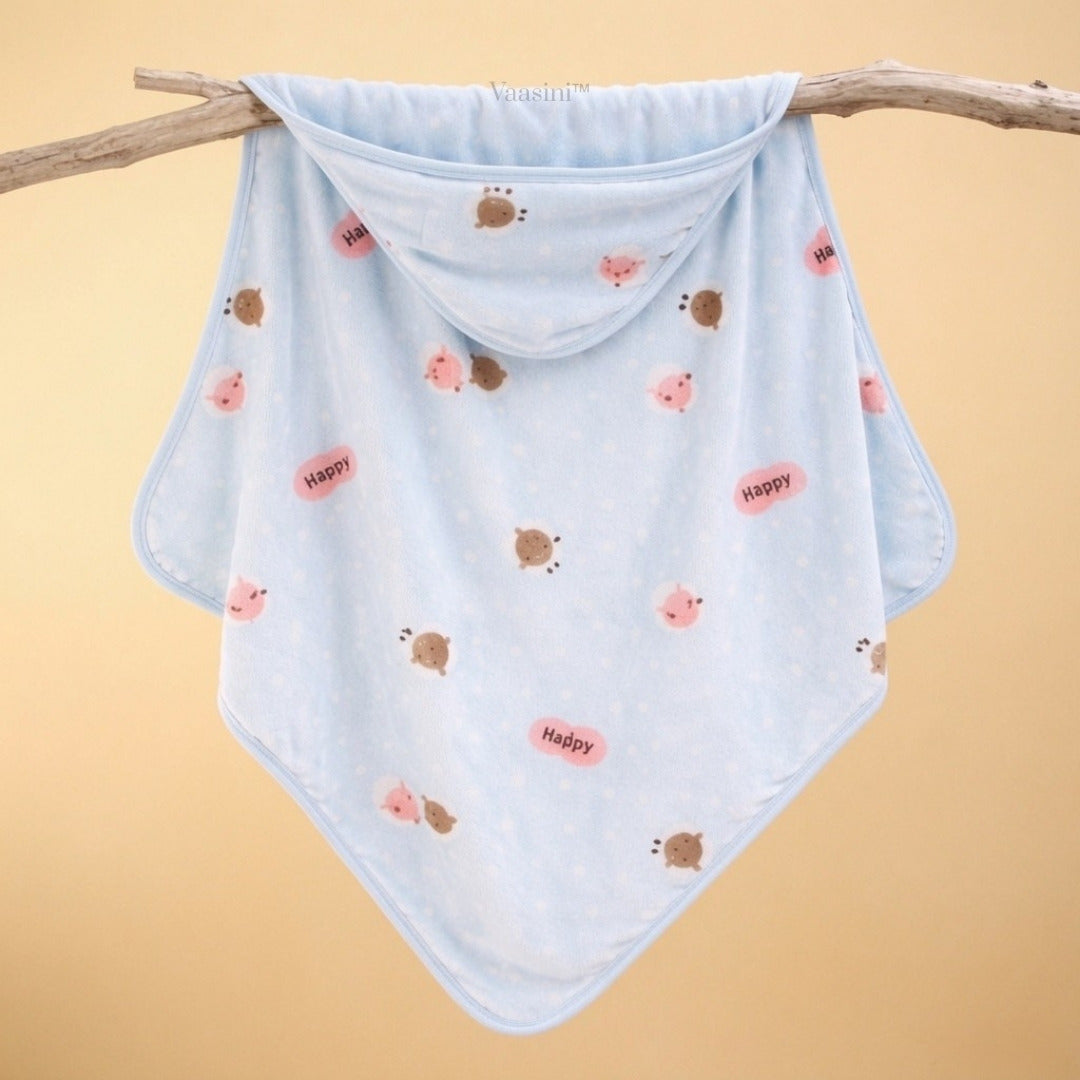 Vaasini Teddy Bear & Polka Dot Print Hooded Baby Bath Towel Soft Plush Quick Dry Sky Blue