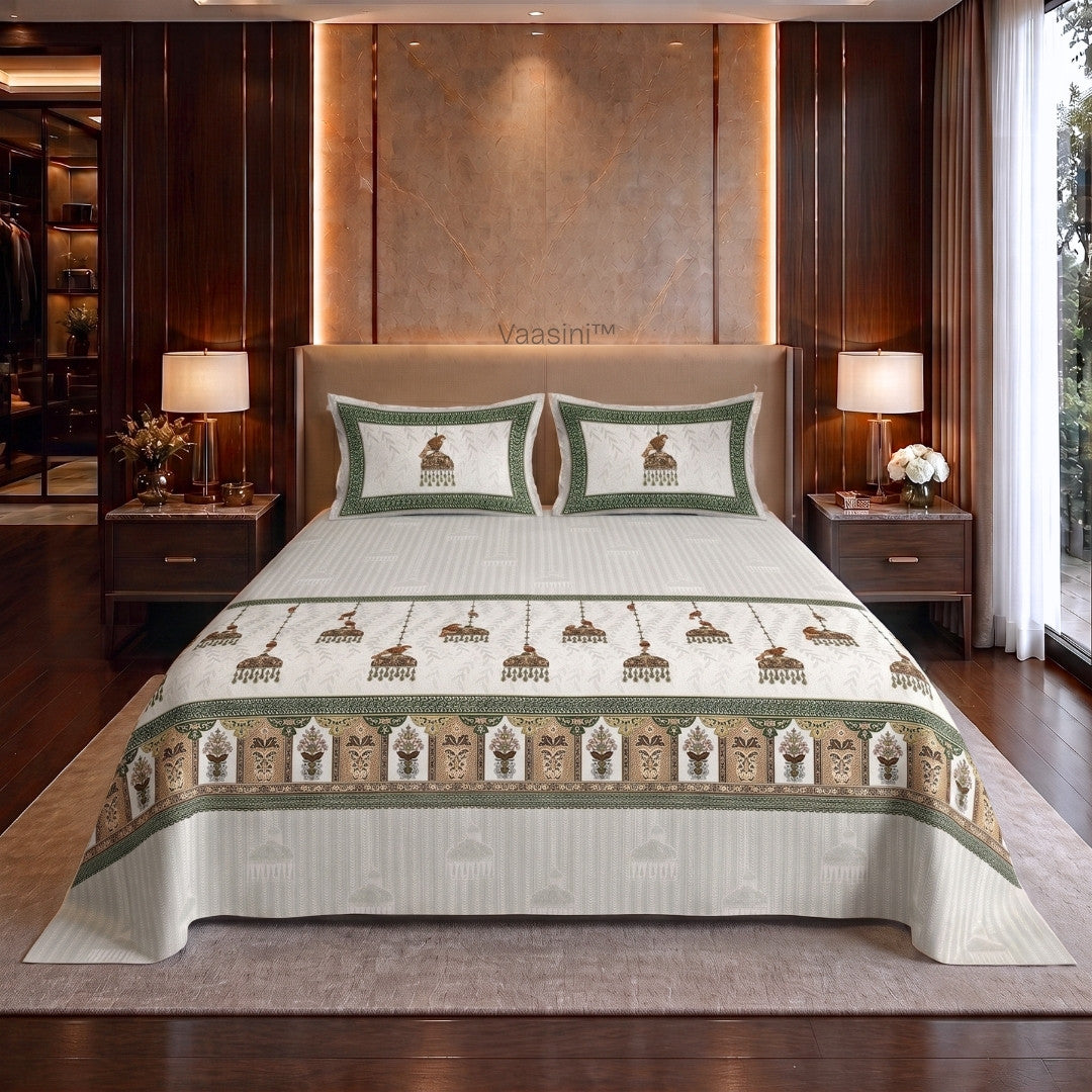 Royal Sapphire Bird Forest Green & Tan Pure Cotton King Size Bedsheet