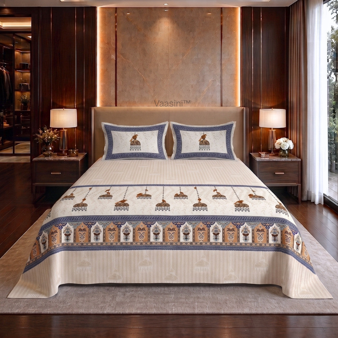 Royal Sapphire Bird Navy Blue & Ochre Pure Cotton King Size Bedsheet
