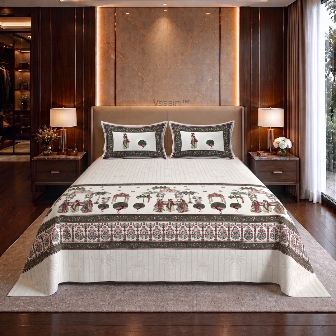 Golden Era Darbar Olive Green & Ruby Pure Cotton King Size Bedsheet