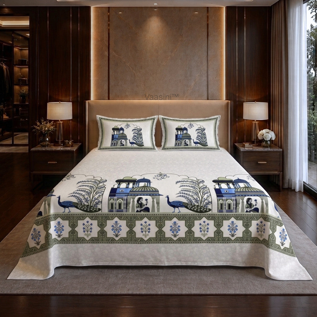 Palace Garden Emerald & Azure Pure Cotton Peacock Print King Size Bedsheet