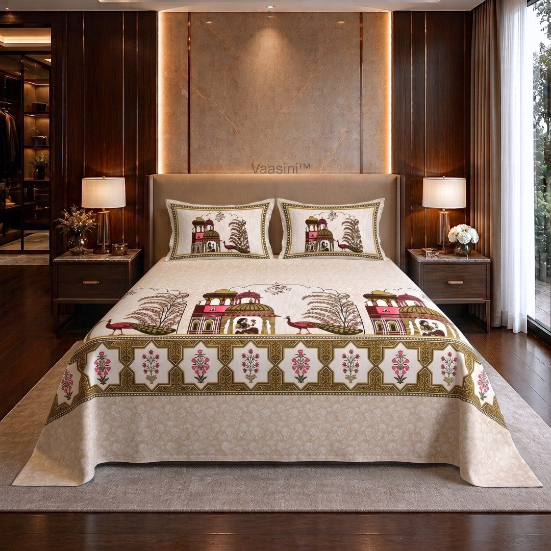 Palace Garden Ruby & Golden Moss Pure Cotton Peacock Print King Size Bedsheet