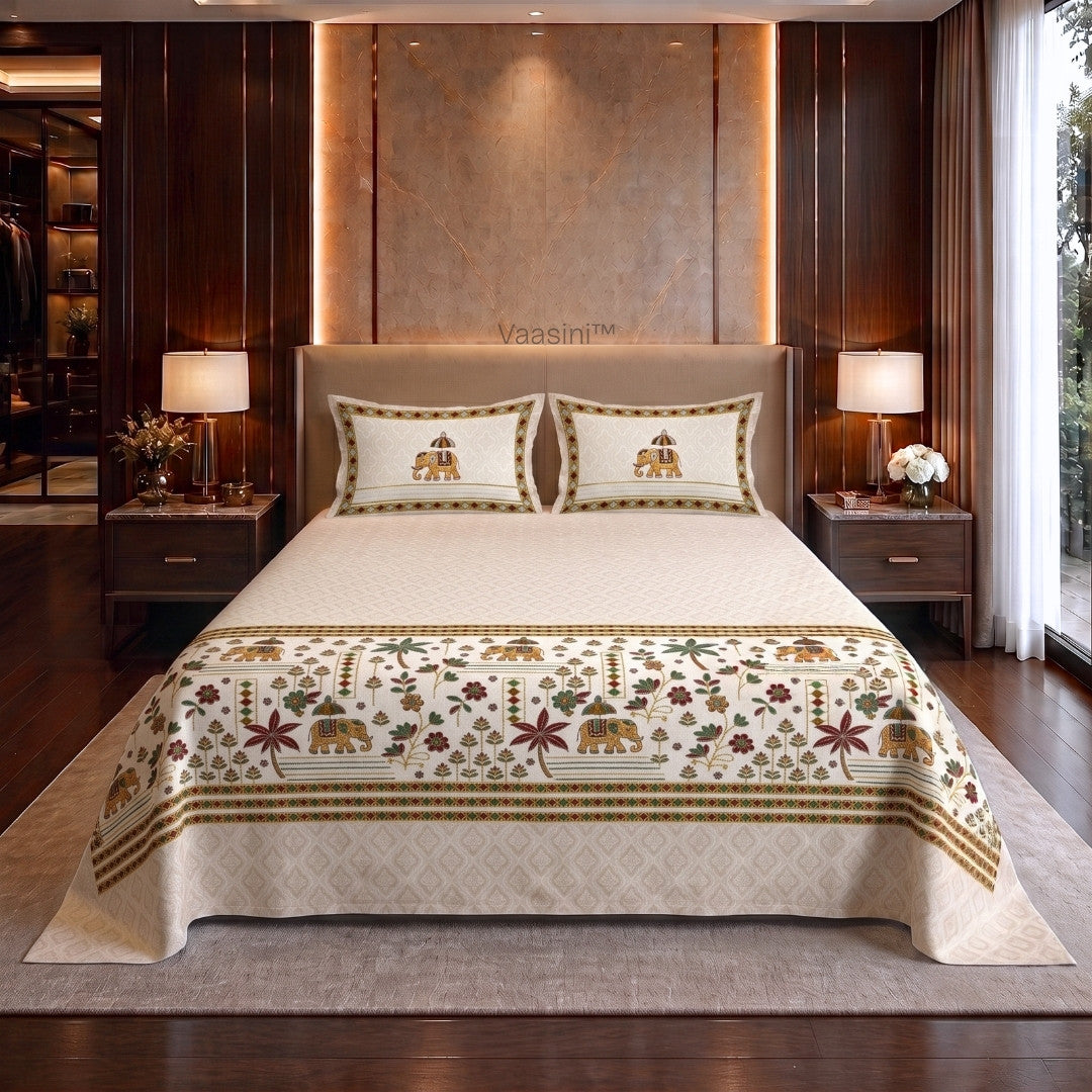 Grand Safari Mustard & Earthy Red Pure Cotton King Size Bedsheet