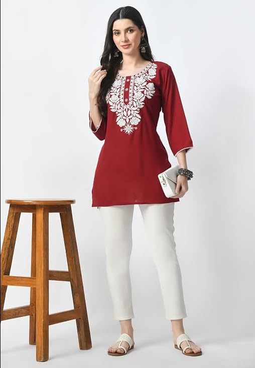 Mumma Smile Women's Embroidered Kurti Top, 3/4 Sleeve|Short Chikankari Kurtis for Girls, Lakhnawi Ethnic Tunic Top Kurta Design for Ladies, Plain Straight Embroidery for Office (in, Alpha, L, Red)