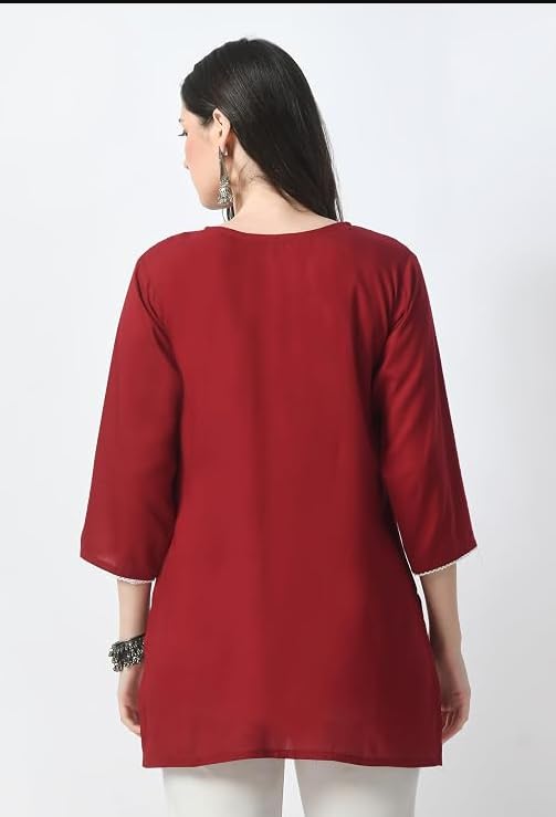Mumma Smile Women's Embroidered Kurti Top, 3/4 Sleeve|Short Chikankari Kurtis for Girls, Lakhnawi Ethnic Tunic Top Kurta Design for Ladies, Plain Straight Embroidery for Office (in, Alpha, L, Red)
