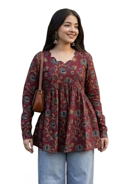 Printed Fancy Neck Cotton Blend Top Short Kurti for Womens Kalamkari Printed Short top Peplum Top Short Flared Tunics for Womens Color Short Kurtis for Jeans Size M