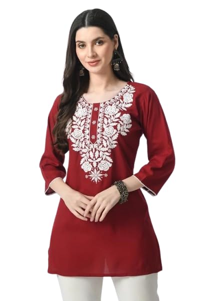 Mumma Smile Women's Embroidered Kurti Top, 3/4 Sleeve|Short Chikankari Kurtis for Girls, Lakhnawi Ethnic Tunic Top Kurta Design for Ladies, Plain Straight Embroidery for Office (in, Alpha, L, Red)