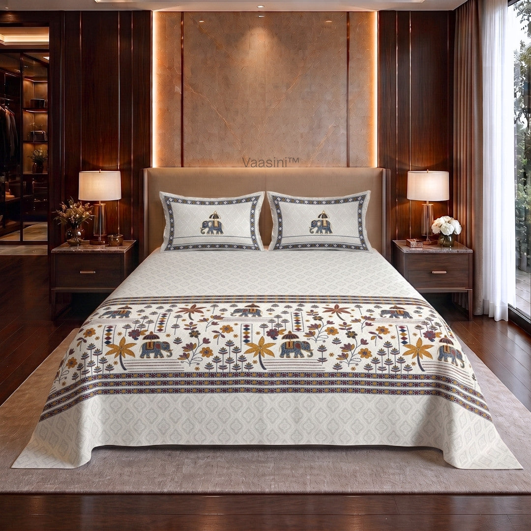 Grand Safari Navy & Sunset Orange Pure Cotton King Size Bedsheet