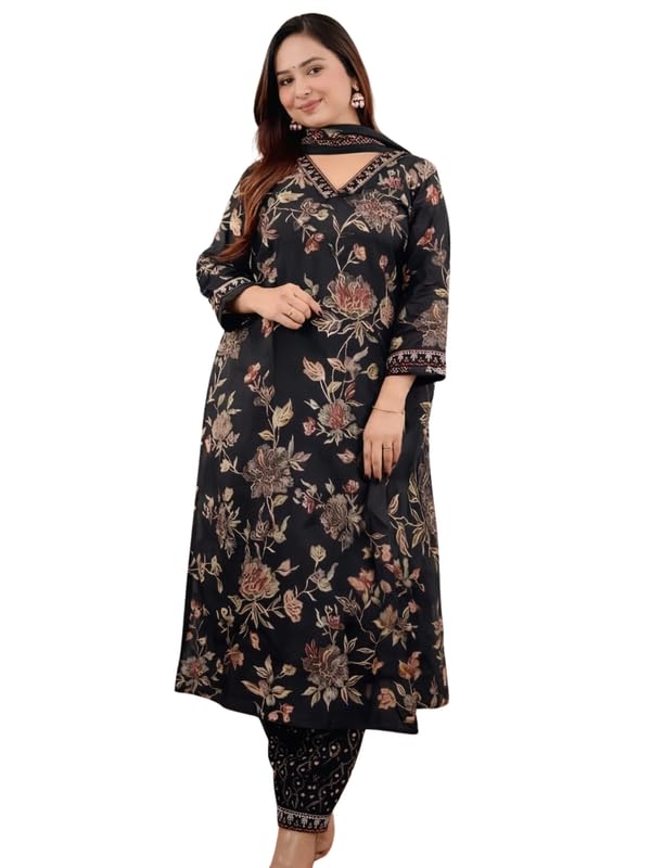 Rayon Afghani Kurta Pant with Dupatta Set for Women | Suit Set with Handwork and Prints with Matching Afghani Pants and Dupatta | Kurti Pant with Dupatta Set | 3 pcs Suit Set | Black |XL