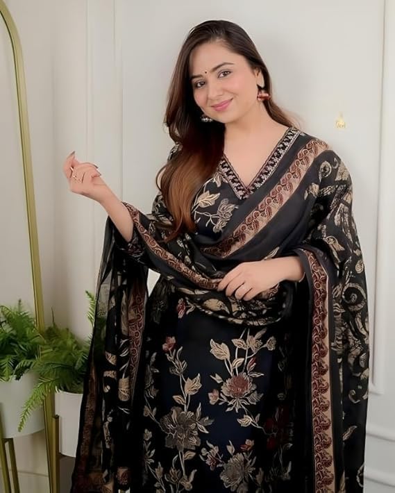Rayon Afghani Kurta Pant with Dupatta Set for Women | Suit Set with Handwork and Prints with Matching Afghani Pants and Dupatta | Kurti Pant with Dupatta Set | 3 pcs Suit Set | Black |XL
