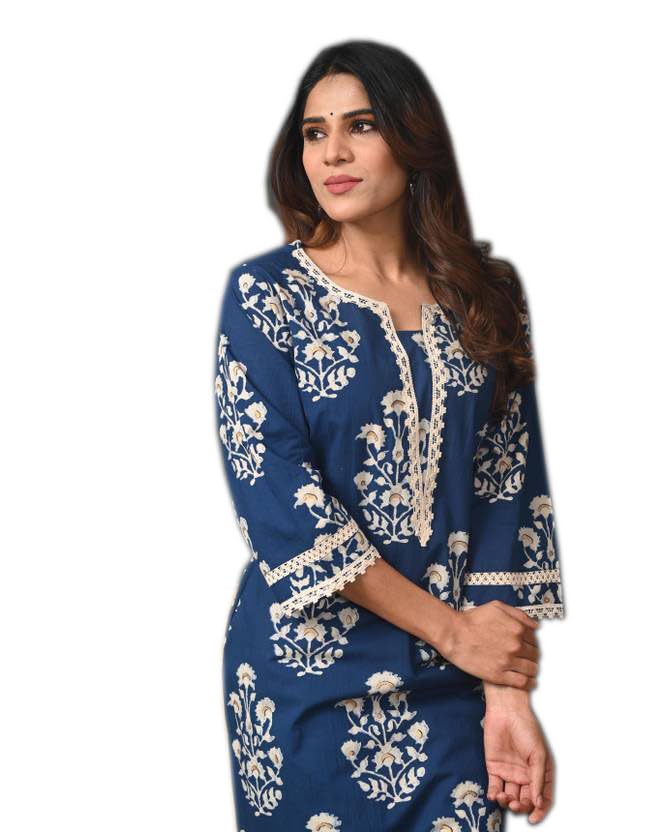 FIRSTRAIN Women Cotton Straight Printed Kurti | Soft Breathable Kurta for Office & Casual Use | | Trendy Festive & Regular Wear Cotton Kurti (in, Alpha, 3XL, Regular, Blue)