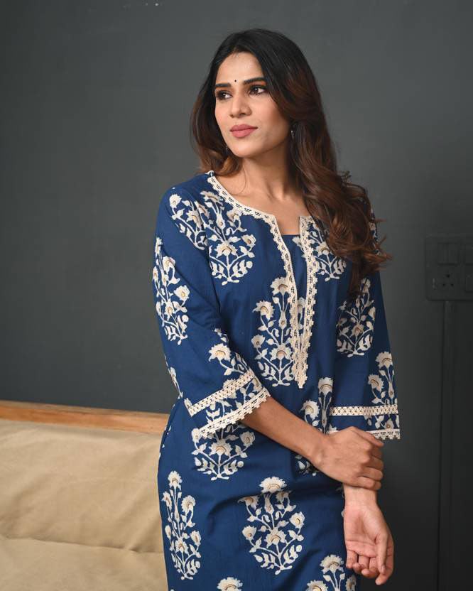 FIRSTRAIN Women Cotton Straight Printed Kurti | Soft Breathable Kurta for Office & Casual Use | | Trendy Festive & Regular Wear Cotton Kurti (in, Alpha, 3XL, Regular, Blue)
