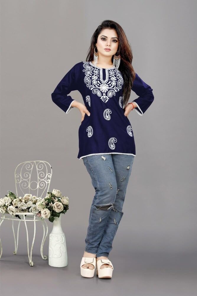 Smasum Women's Rayon Short Chikankari Kurti Elegant Embroidered Ethnic Tunic, Lakhnawi Tunic Kurta Design for Ladies, Woman Ethnic Kurthis & Shirt with Sleeve, Plain Straight Embroidery kurti