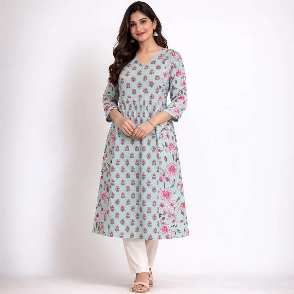 LABEL AMATA Women Handcrafted Floral Printed Cotton Kurti | A-Line V-Neck Kurta with Front Pleats & 3/4 Sleeves | Soft Breathable Cotton Kurta, Office (in, Alpha, S, Standard, Light Blue)
