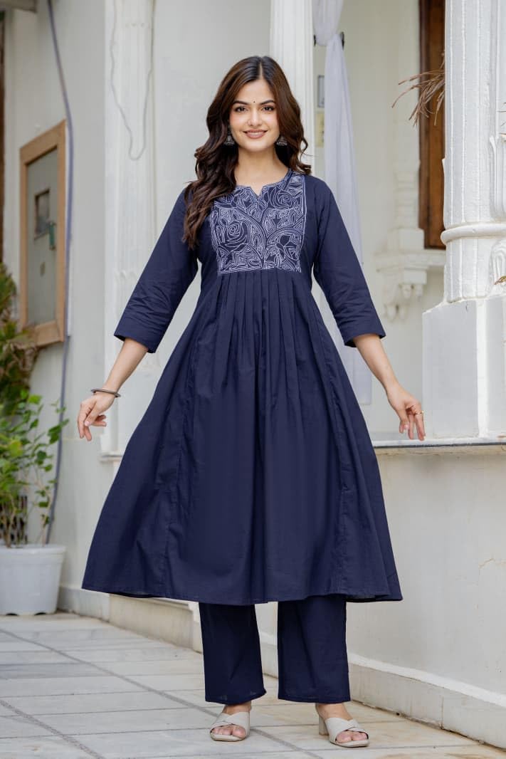 Women's Cotton Anarkali Embroidered Kurta Palazzo Pant Dupatta Set for Women, 3 Piece Kurti Set with Dupatta Straight Kurta Set for Party, Office Wear Ethnic Salwar Suit - Blue, 3XL-46