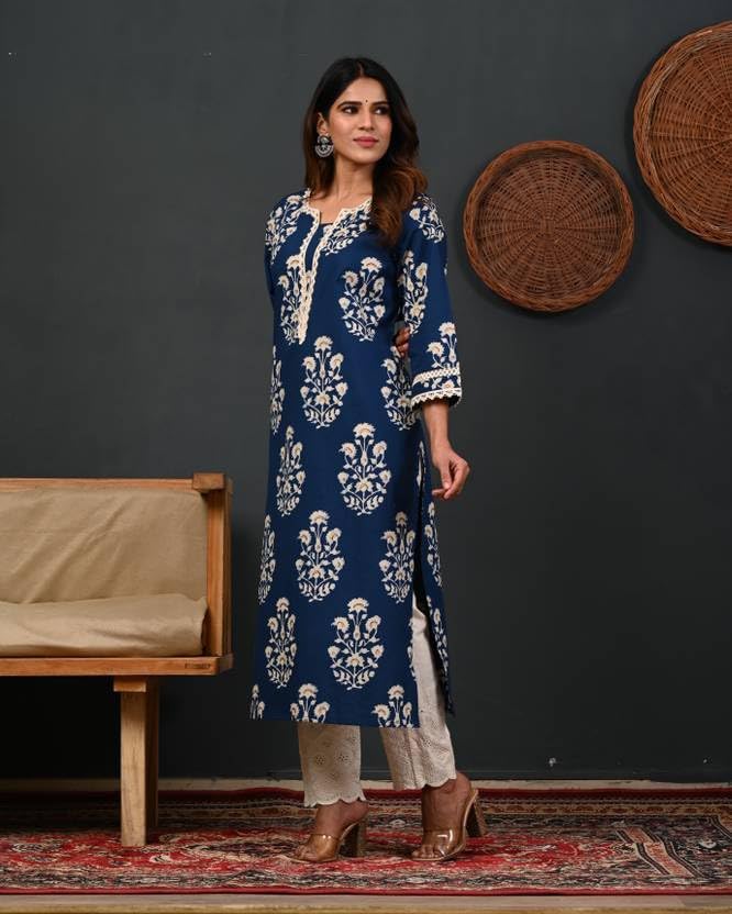FIRSTRAIN Women Cotton Straight Printed Kurti | Soft Breathable Kurta for Office & Casual Use | | Trendy Festive & Regular Wear Cotton Kurti (in, Alpha, 3XL, Regular, Blue)
