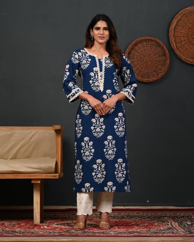 FIRSTRAIN Women Cotton Straight Printed Kurti | Soft Breathable Kurta for Office & Casual Use | | Trendy Festive & Regular Wear Cotton Kurti (in, Alpha, 3XL, Regular, Blue)