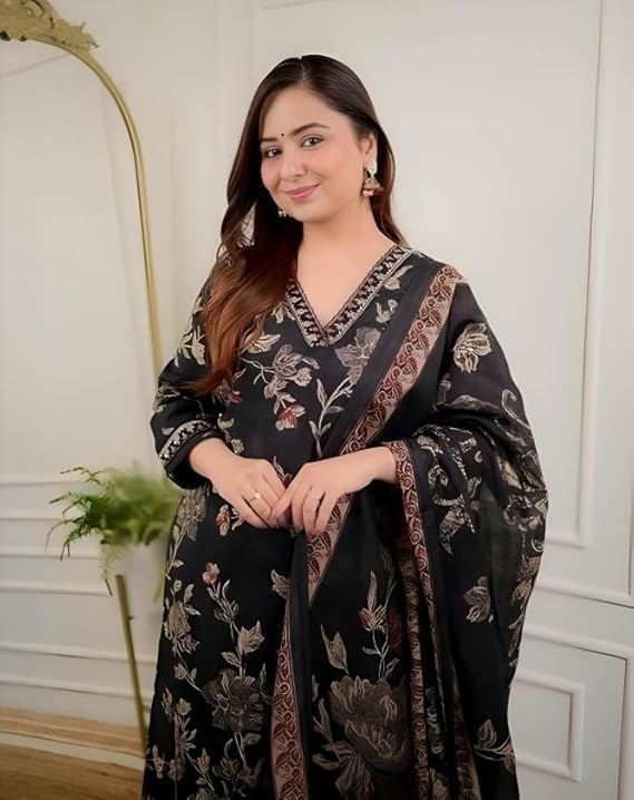 Rayon Afghani Kurta Pant with Dupatta Set for Women | Suit Set with Handwork and Prints with Matching Afghani Pants and Dupatta | Kurti Pant with Dupatta Set | 3 pcs Suit Set | Black |XL