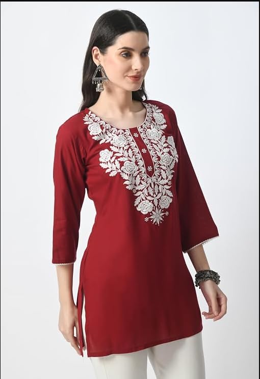 Mumma Smile Women's Embroidered Kurti Top, 3/4 Sleeve|Short Chikankari Kurtis for Girls, Lakhnawi Ethnic Tunic Top Kurta Design for Ladies, Plain Straight Embroidery for Office (in, Alpha, L, Red)