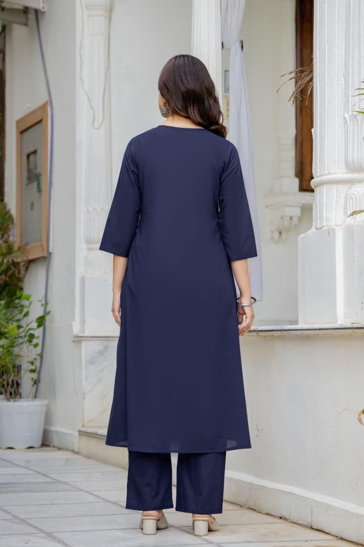 Women's Cotton Anarkali Embroidered Kurta Palazzo Pant Dupatta Set for Women, 3 Piece Kurti Set with Dupatta Straight Kurta Set for Party, Office Wear Ethnic Salwar Suit - Blue, 3XL-46