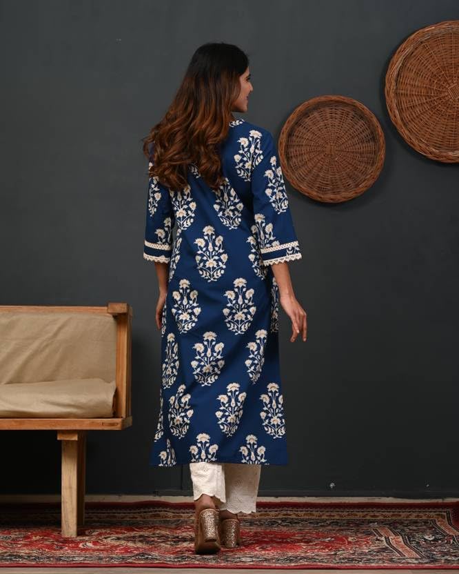 FIRSTRAIN Women Cotton Straight Printed Kurti | Soft Breathable Kurta for Office & Casual Use | | Trendy Festive & Regular Wear Cotton Kurti (in, Alpha, 3XL, Regular, Blue)