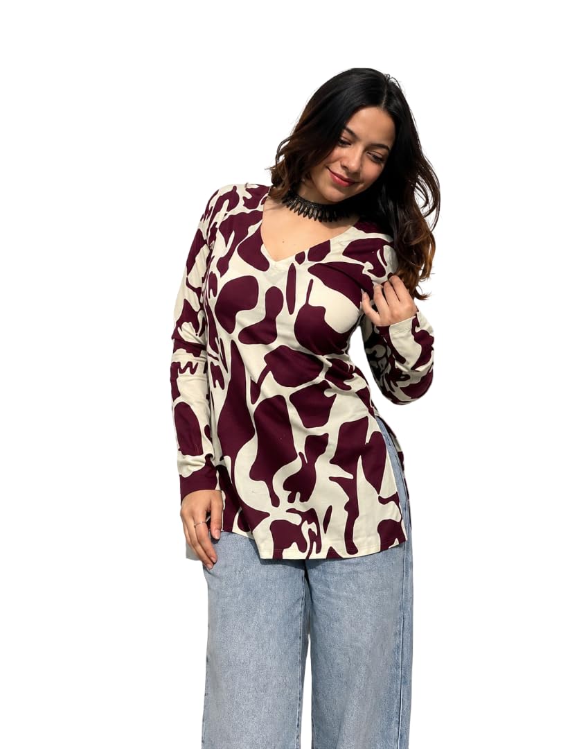 Women Rayon Printed Short Kurti for Women | Floral V Neck Short Kurta Top | Full Sleeve Casual Kurti for Girls & Women (Size : Marron, 2XL)