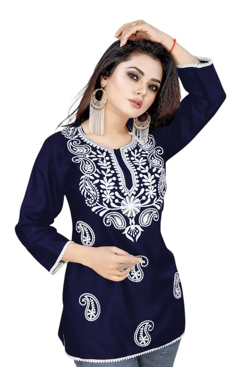 Smasum Women's Rayon Short Chikankari Kurti Elegant Embroidered Ethnic Tunic, Lakhnawi Tunic Kurta Design for Ladies, Woman Ethnic Kurthis & Shirt with Sleeve, Plain Straight Embroidery kurti