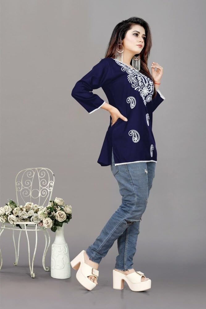 Smasum Women's Rayon Short Chikankari Kurti Elegant Embroidered Ethnic Tunic, Lakhnawi Tunic Kurta Design for Ladies, Woman Ethnic Kurthis & Shirt with Sleeve, Plain Straight Embroidery kurti