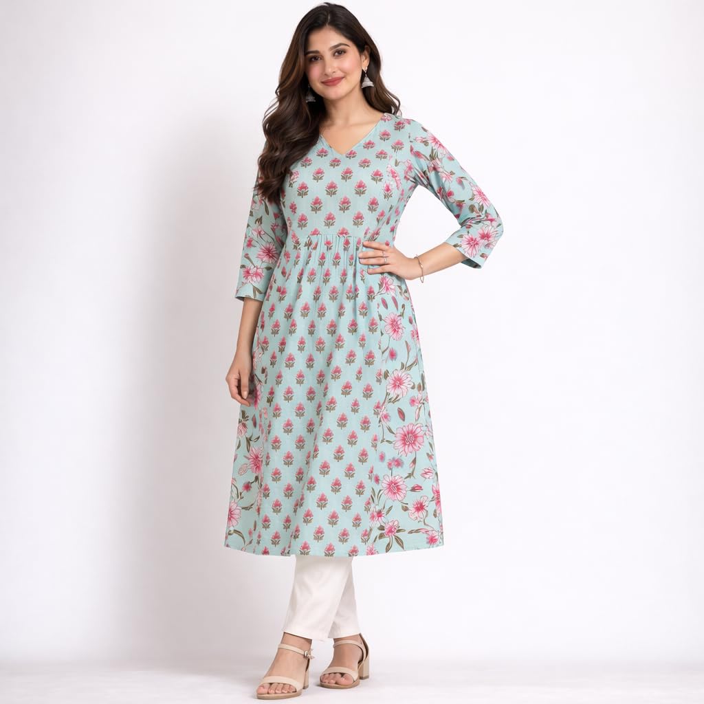 LABEL AMATA Women Handcrafted Floral Printed Cotton Kurti | A-Line V-Neck Kurta with Front Pleats & 3/4 Sleeves | Soft Breathable Cotton Kurta, Office (in, Alpha, S, Standard, Light Blue)