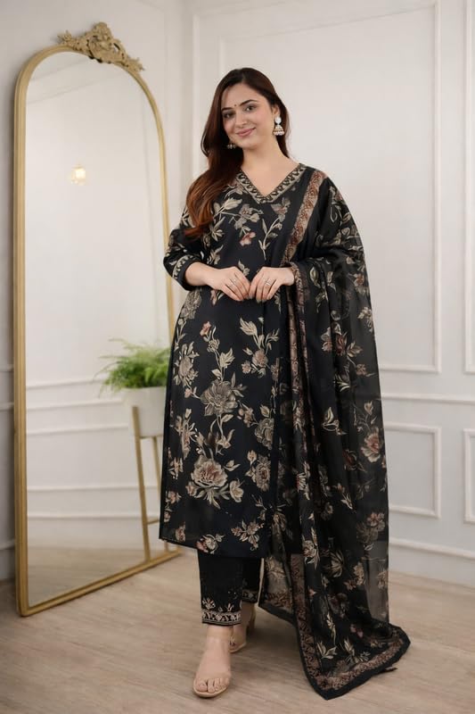 Rayon Afghani Kurta Pant with Dupatta Set for Women | Suit Set with Handwork and Prints with Matching Afghani Pants and Dupatta | Kurti Pant with Dupatta Set | 3 pcs Suit Set | Black |XL