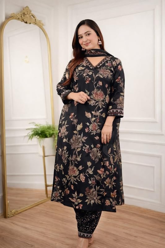 Rayon Afghani Kurta Pant with Dupatta Set for Women | Suit Set with Handwork and Prints with Matching Afghani Pants and Dupatta | Kurti Pant with Dupatta Set | 3 pcs Suit Set | Black |XL