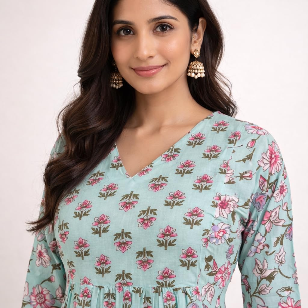 LABEL AMATA Women Handcrafted Floral Printed Cotton Kurti | A-Line V-Neck Kurta with Front Pleats & 3/4 Sleeves | Soft Breathable Cotton Kurta, Office (in, Alpha, S, Standard, Light Blue)