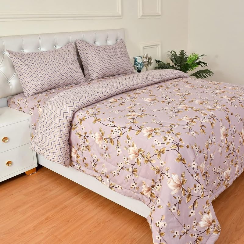 Mauve King Size Printed AC Comforter with 1 Bedsheet & 2 Pillow Covers | Ultra Soft 4 Pc Bedding Set