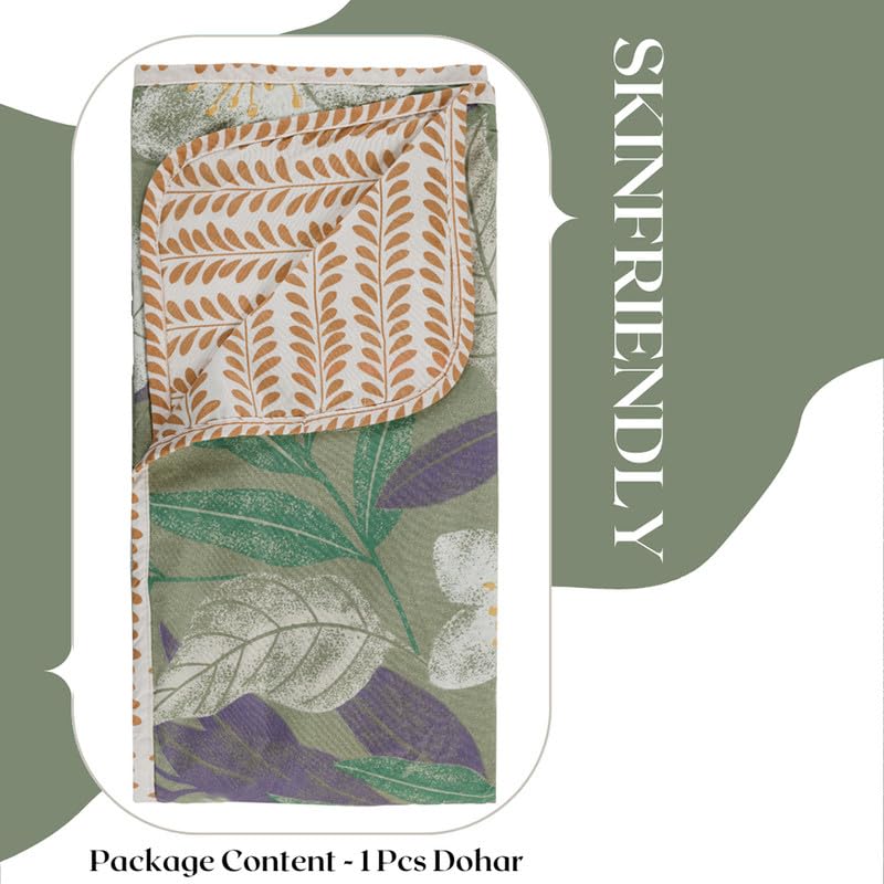 Pure Cotton 120 GSM Reversible Soft Lightweight Printed Single Bed Blanket/AC Dohar/Skin Friendly Dohar-152 x 225 cm - Light Green & Beige