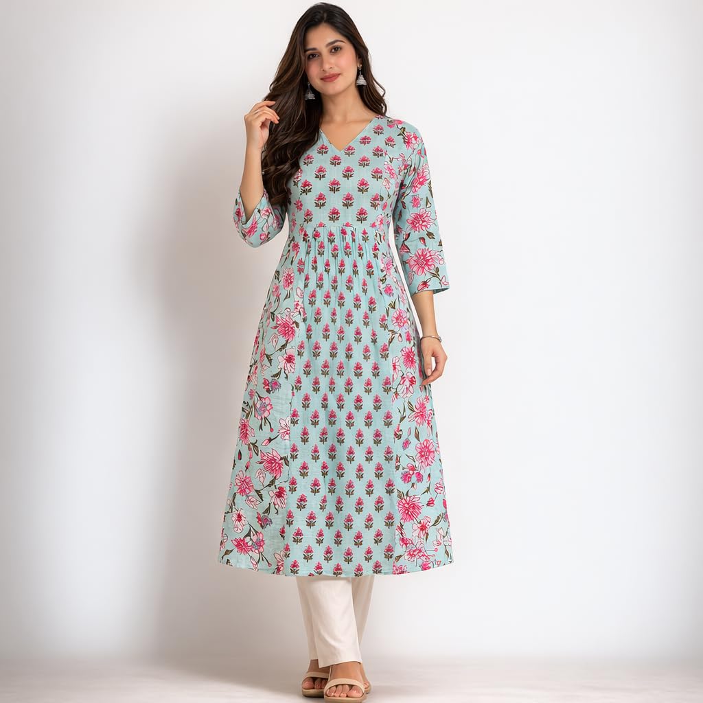 LABEL AMATA Women Handcrafted Floral Printed Cotton Kurti | A-Line V-Neck Kurta with Front Pleats & 3/4 Sleeves | Soft Breathable Cotton Kurta, Office (in, Alpha, S, Standard, Light Blue)