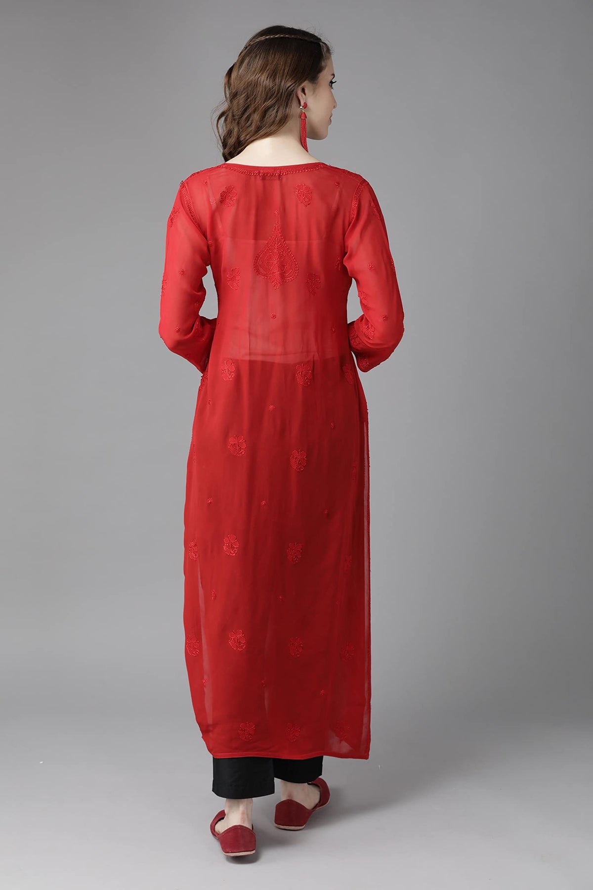 Ada Hand Embroidered Chikankari Red Viscose Kurta for Women A411184 (M)