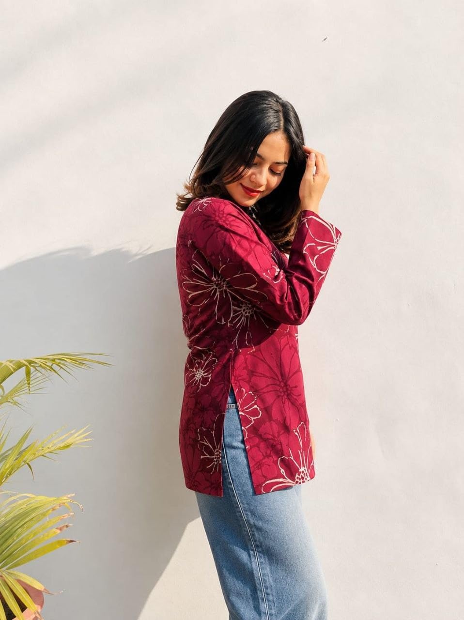 Women Rayon Printed Short Kurti for Women | Floral V Neck Short Kurta Top | Full Sleeve Casual Kurti for Girls & Women (Size : Wine, 2XL)
