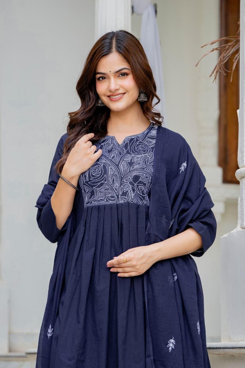 Women's Cotton Anarkali Embroidered Kurta Palazzo Pant Dupatta Set for Women, 3 Piece Kurti Set with Dupatta Straight Kurta Set for Party, Office Wear Ethnic Salwar Suit - Blue, 3XL-46