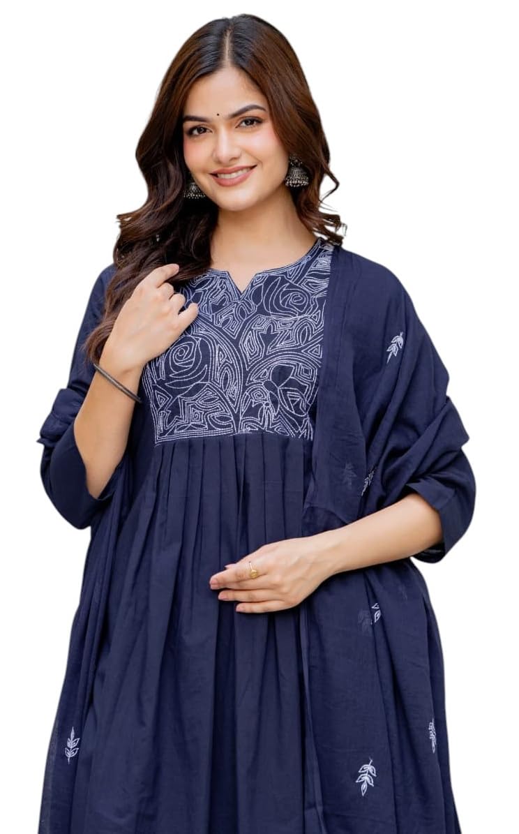 Women's Cotton Anarkali Embroidered Kurta Palazzo Pant Dupatta Set for Women, 3 Piece Kurti Set with Dupatta Straight Kurta Set for Party, Office Wear Ethnic Salwar Suit - Blue, 3XL-46