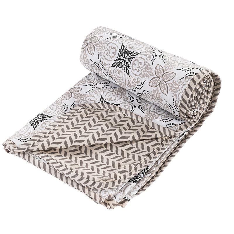 Pure Cotton 120 GSM Reversible Soft Lightweight Printed Single Bed Blanket/AC Dohar/Skin Friendly Dohar-152 x 225 cm - Off White & Black