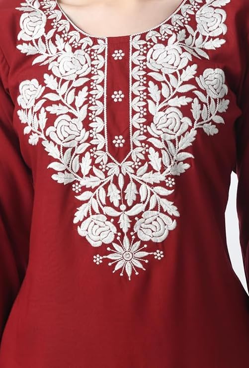 Mumma Smile Women's Embroidered Kurti Top, 3/4 Sleeve|Short Chikankari Kurtis for Girls, Lakhnawi Ethnic Tunic Top Kurta Design for Ladies, Plain Straight Embroidery for Office (in, Alpha, L, Red)