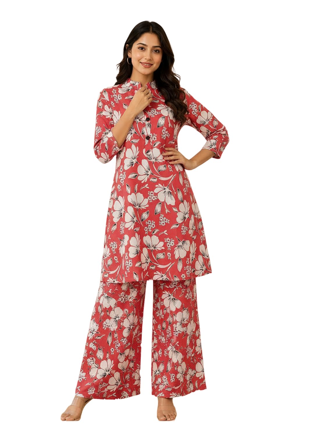 QUEEN ELLIE Co-Ord Set for Women with Floral Print | Long Shirt and Wide Leg Palazzo Combo | 2 Piece Coord Set for Women Red