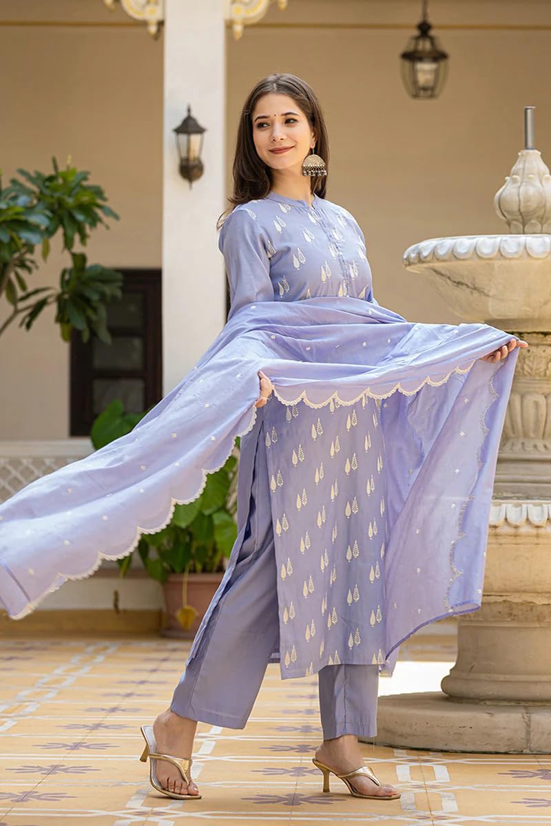 Women's Silk Blend Solid Straight Kurta Pant with Dupatta Set