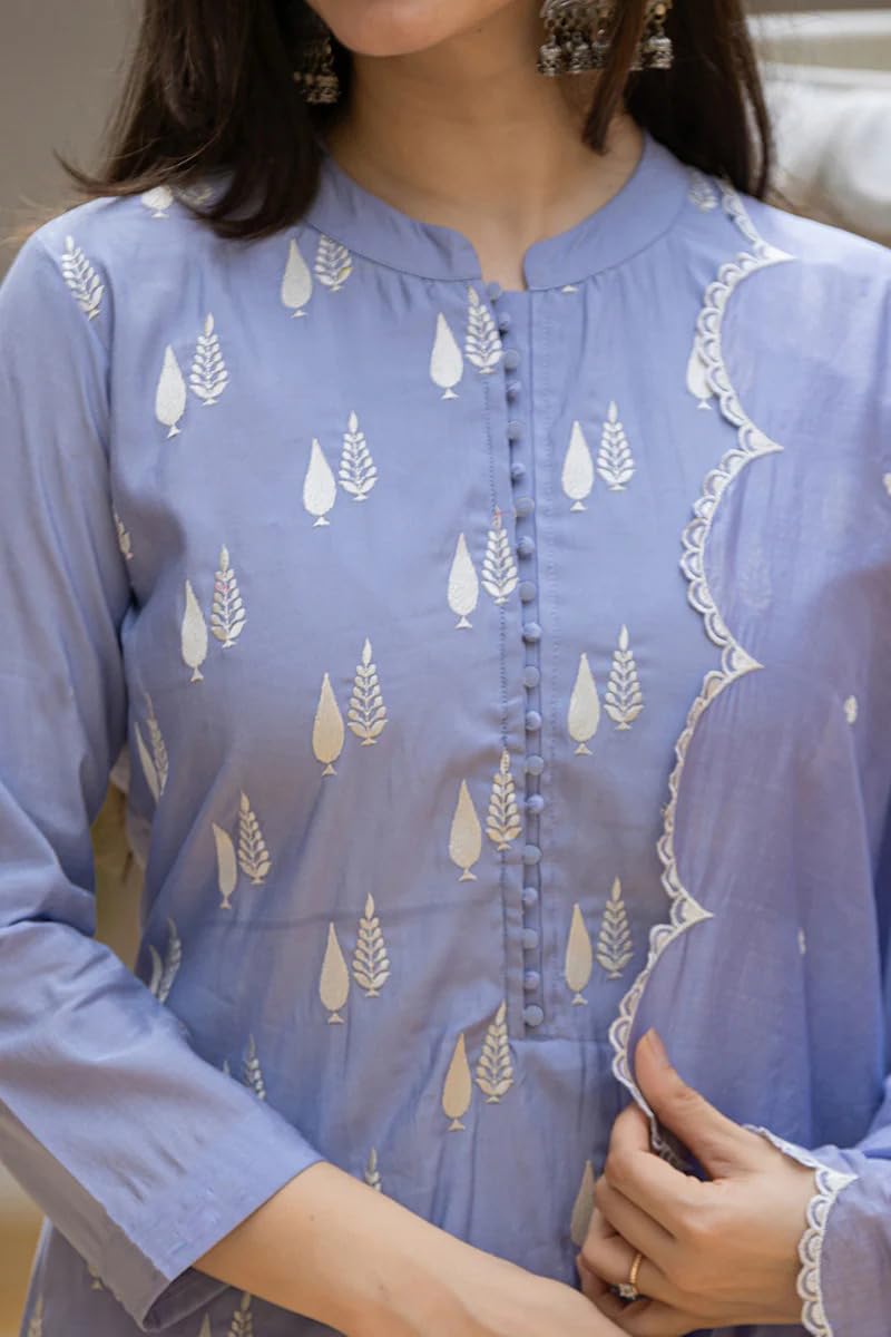 Women's Silk Blend Solid Straight Kurta Pant with Dupatta Set